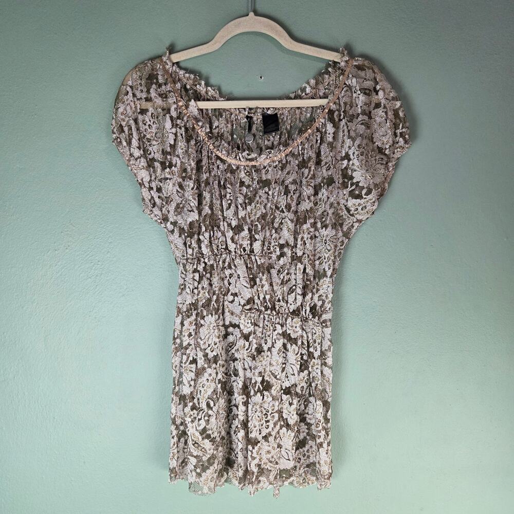 BKE Boutique Womens Semi-Sheer Gold Metallic Floral Lace Mesh Blouse Small Fairy